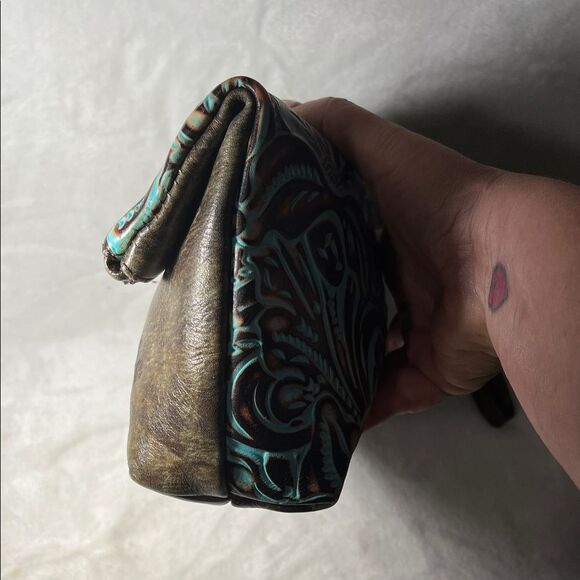 Patricia Nash Valerie Turquoise and Brown Fold Over Wristlet Clutch - Picture 4 of 12